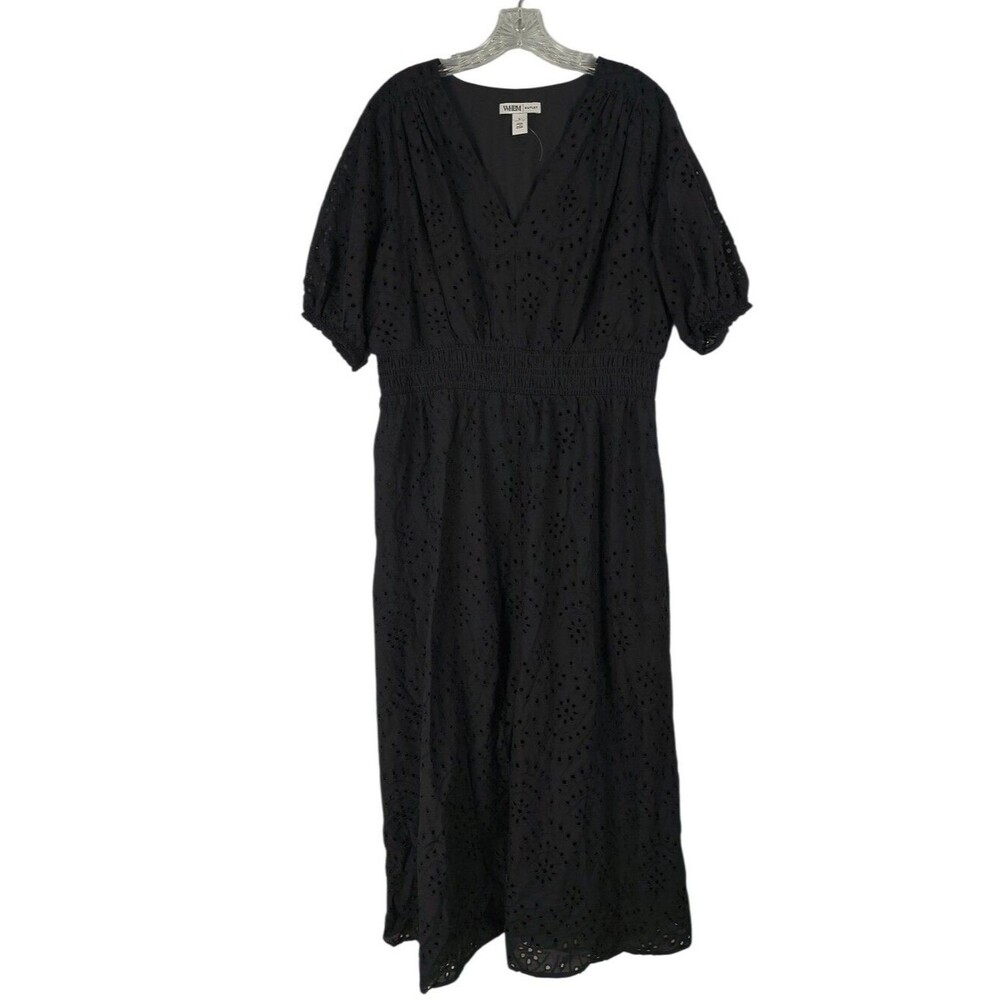 WHBM Midi Dress Women's L Black Eyelet Puff Sleeve V Neck Cotton Pockets Minimal